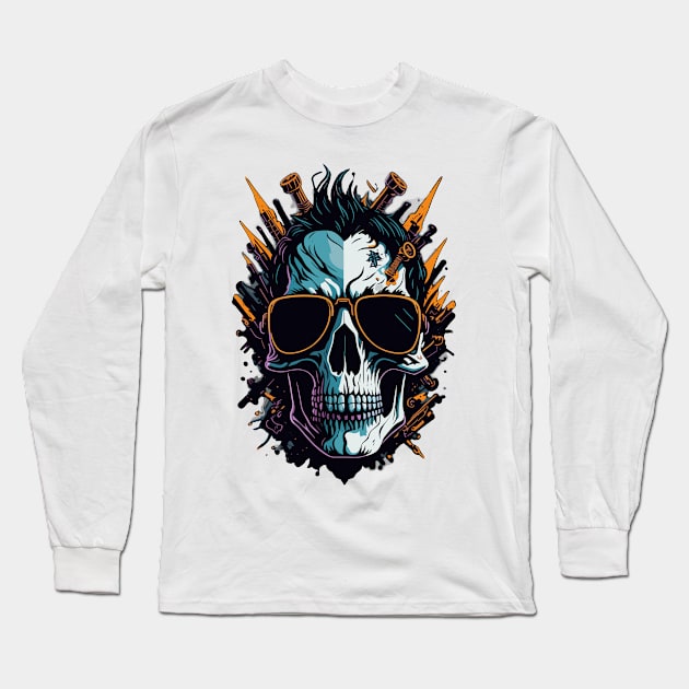 Skull with guns wearing sunglasses Long Sleeve T-Shirt by Absent-clo